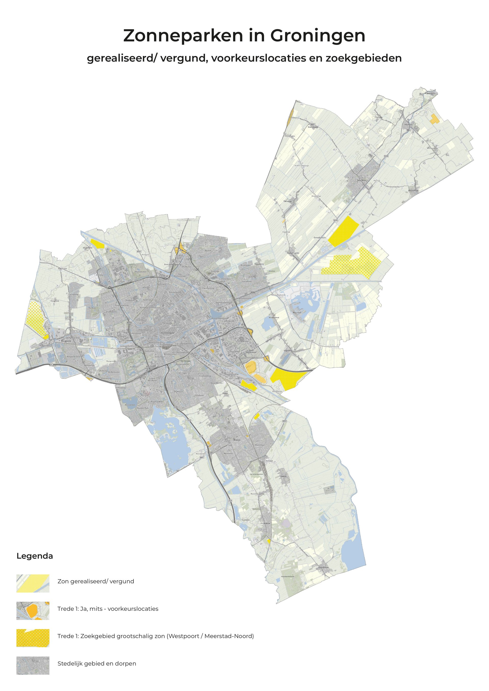 Afbeelding met kaart van zonneparken en locaties in de gemeente Groningen